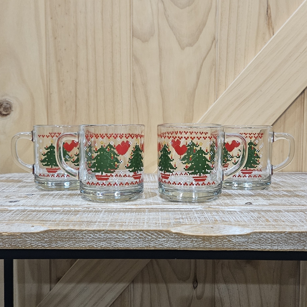 Vintage | Set Of 4 Anchor Hocking Festive Cross Stitch Christmas Glass Mugs